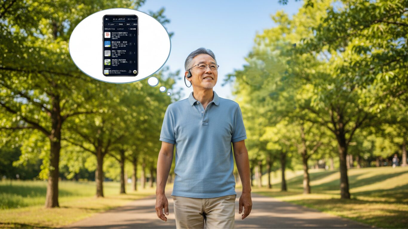 散歩中もAudibleで学びの時間に。周囲の音が聞こえるから安全です