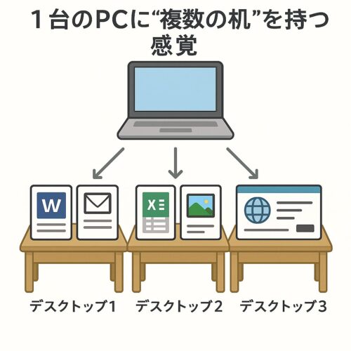 仮想デスクトップ｜1台のPCに複数の机を持つ感覚のイメージ図