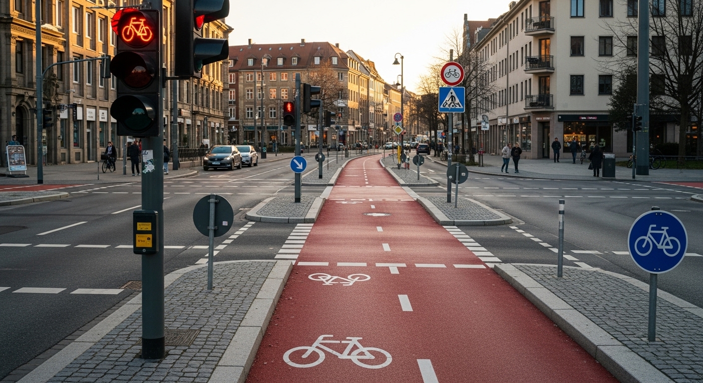 ドイツの自転車専用信号機付き自転車レーン。赤い路面の広い自転車道、車道や歩道とは分離されている