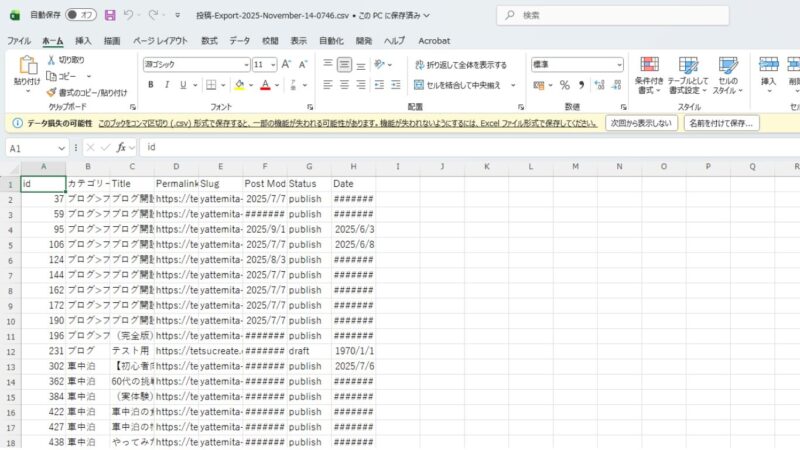 エクスポートしたWordPress記事一覧CSVファイルの例