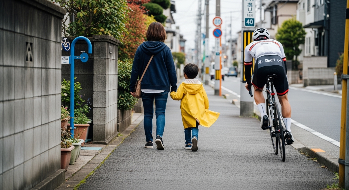 歩道で子供の横を猛スピードで走る自転車の危険なシーン