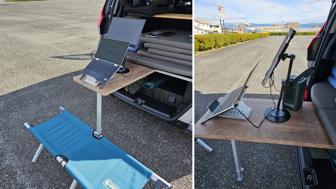 車外にテーブルを出してセッティングした様子