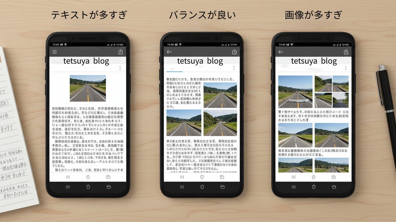 左:画像1〜2枚(少なすぎ)、中央:4〜5枚(ちょうどいい)、右:7〜8枚(多すぎ)