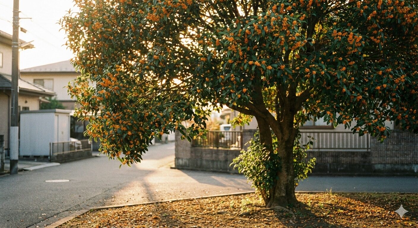東屋のそばに立つキンモクセイ。秋の訪れを強く香りで知らせてくれる存在感