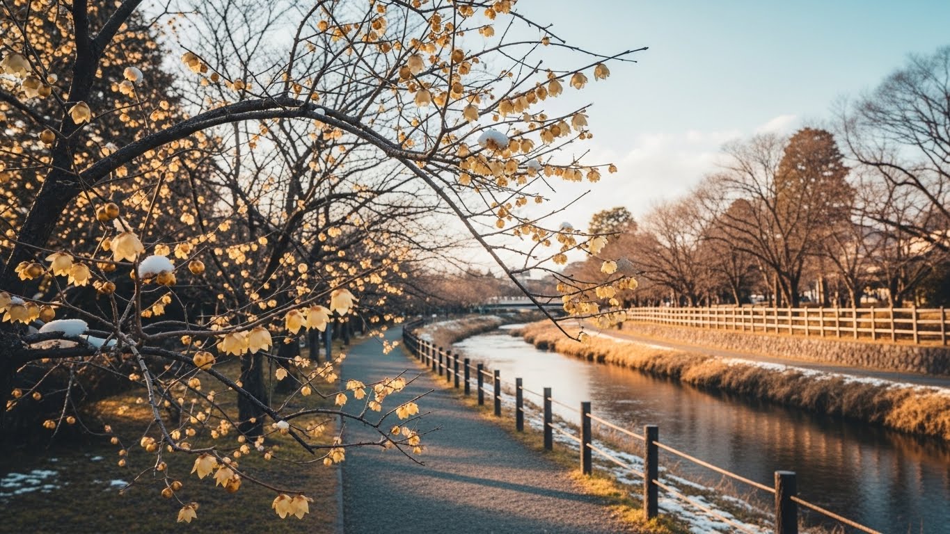 冬に灯火のように咲くロウバイ。小さな花から広がる甘い香りが散歩の折り返し地点を教えてくれる