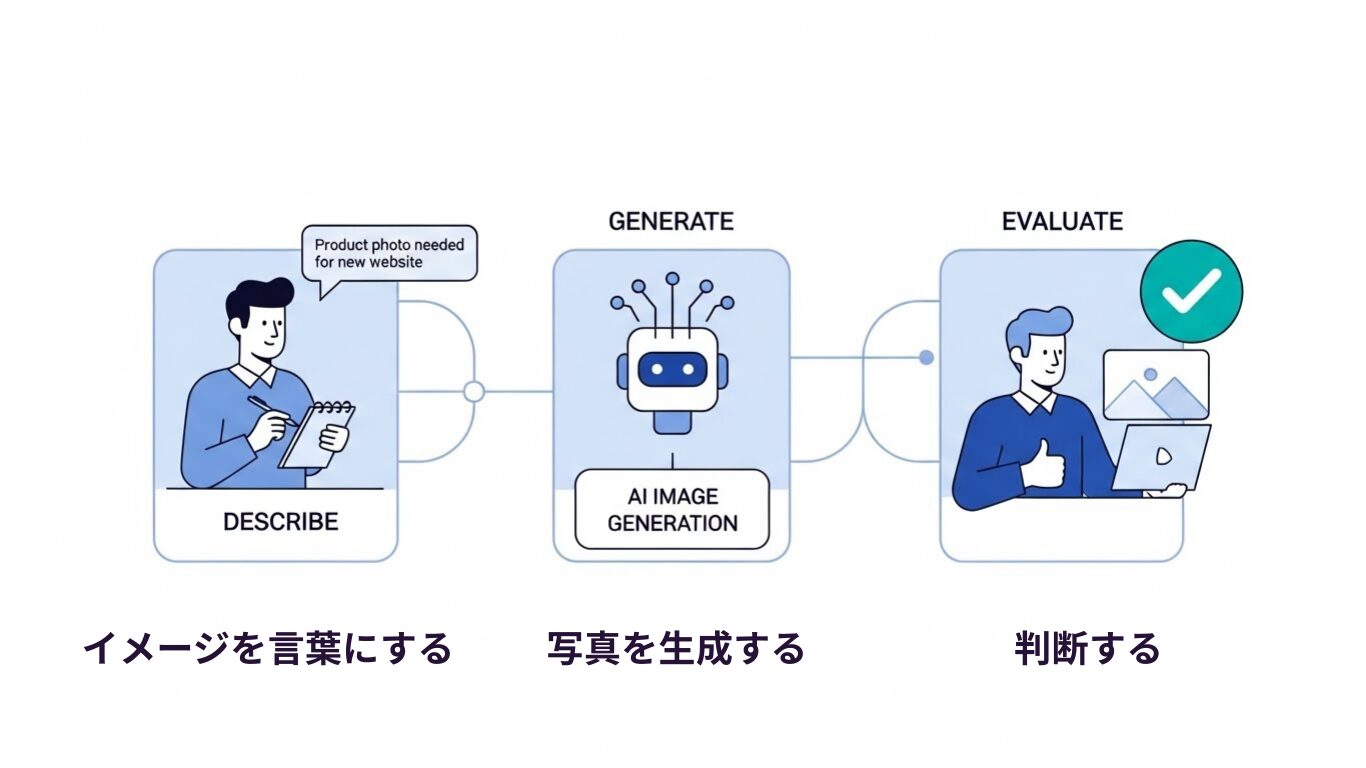 写真の場合:言葉で説明→AIが生成→あなたが判断。この3ステップだけ