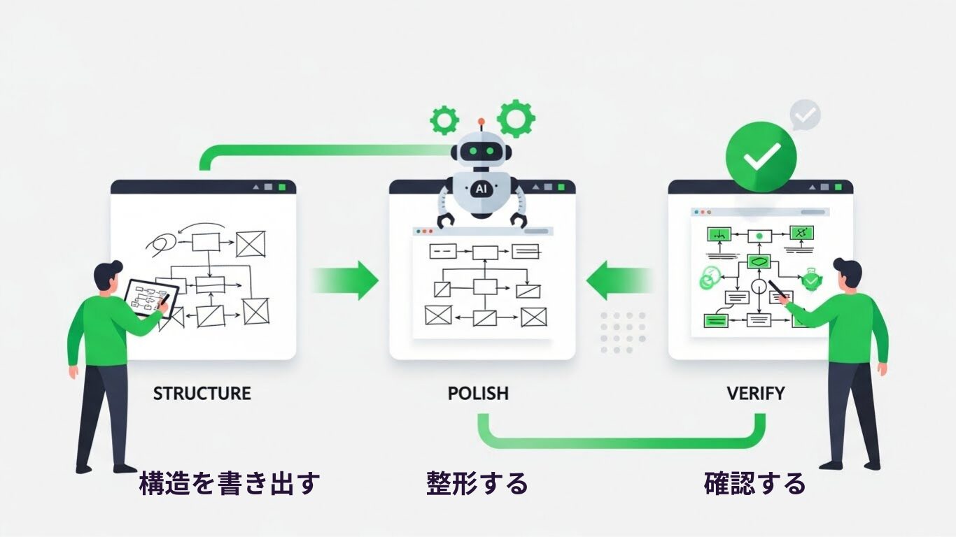 図解の場合:構造を書き出す→AIが整形→明瞭さを確認。シンプルな流れです
