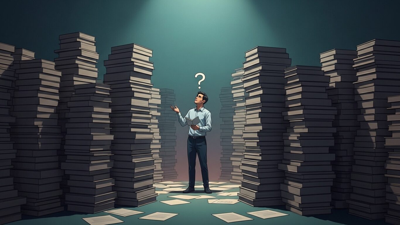 大量の情報に囲まれ、身動きが取れない人物