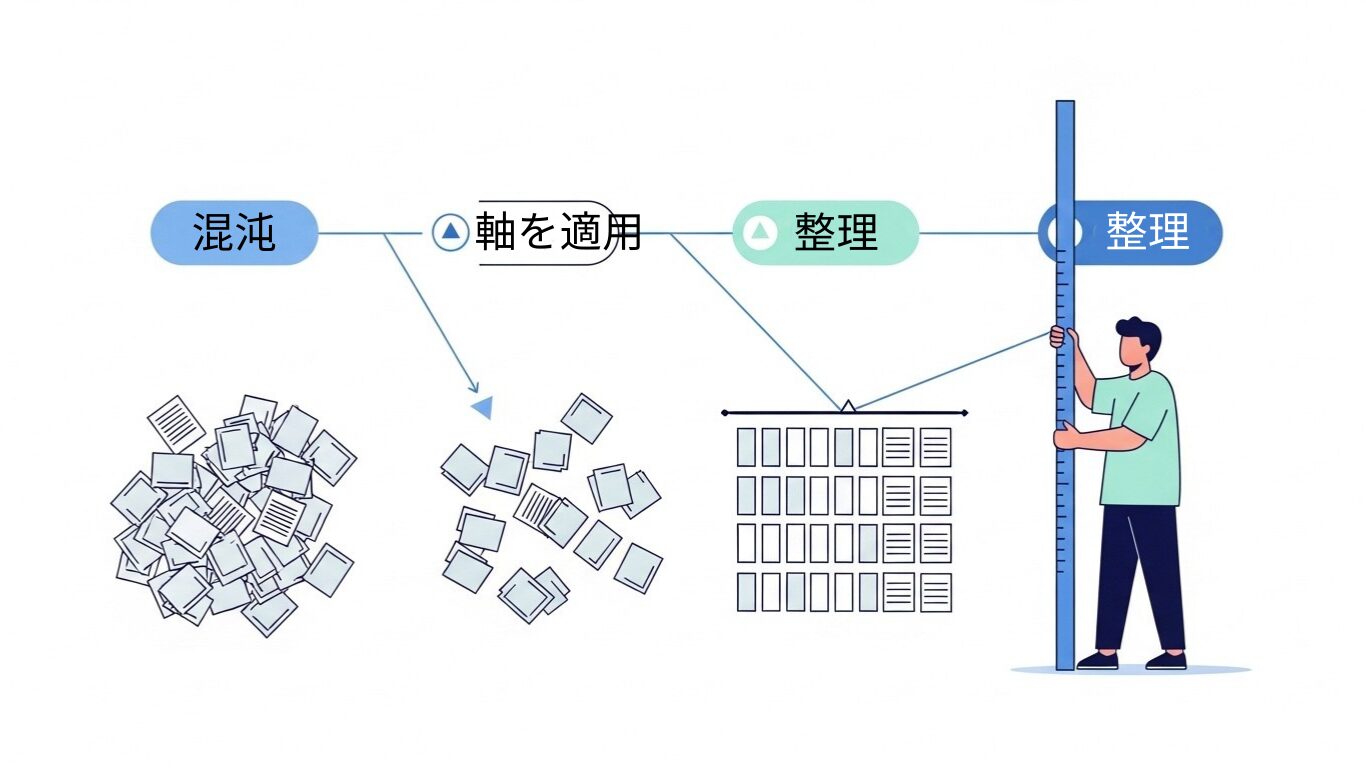 1本の判断軸で、散らばった情報が整理される様子
