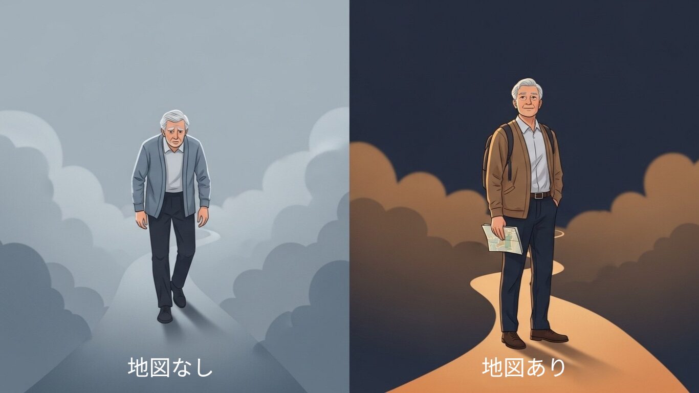 地図を持って歩く姿勢は、時代を超える